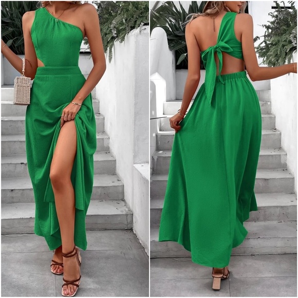 One shoulder Open Back cut out Slit Maxi Dress - Picture 4 of 7
